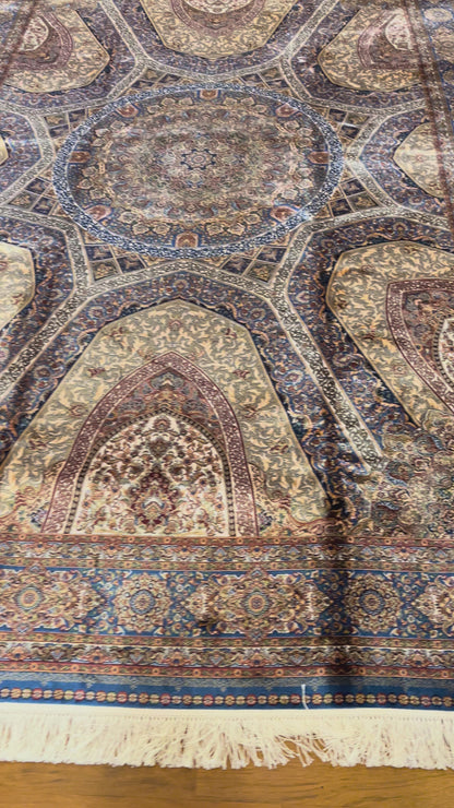 7x10 Silk Rug – Grand Architectural Medallion Design in Ivory, Soft Blue & Burgundy – Woven Turkish Area Rug