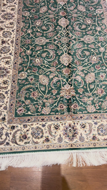 3x5 ft Green Bamboo Silk Rug – Elegant Floral Vine Design, Ivory Border, Classic Luxury Silk Area Rug