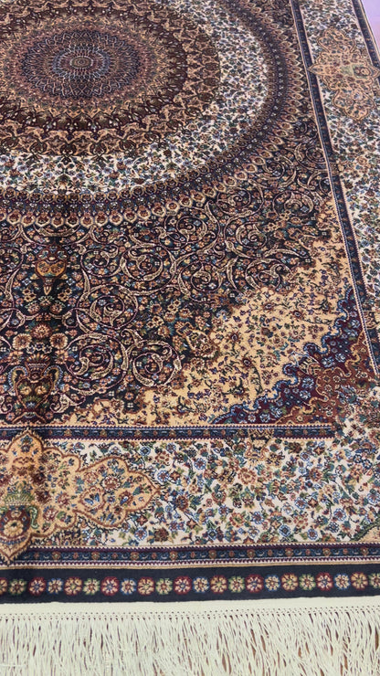 4x6 ft Silk Rug – Brown, Ivory & Navy Ornate Medallion Area Rug with Intricate Floral Design and Rich Traditional Details