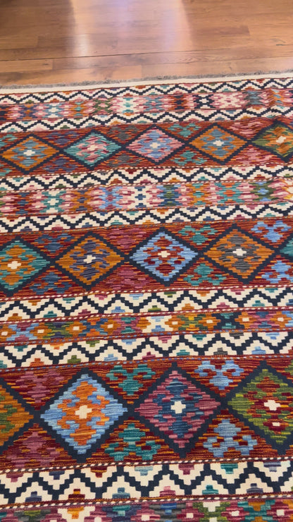 6x8 Fine Quality Turkish Kilim Rug – Handwoven Colorful Diamond & Stripe Anatolian Area Rug