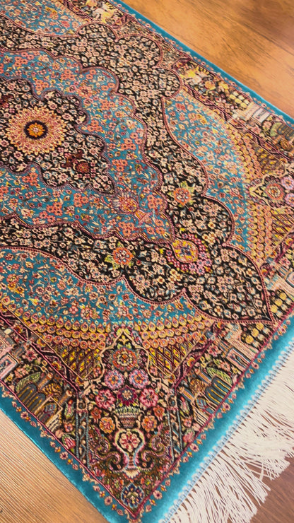 23” × 35” Luxury Turkish Bamboo Silk Rug – Turquoise Blue & Black Ornate Medallion, Premium Floral Accent Rug