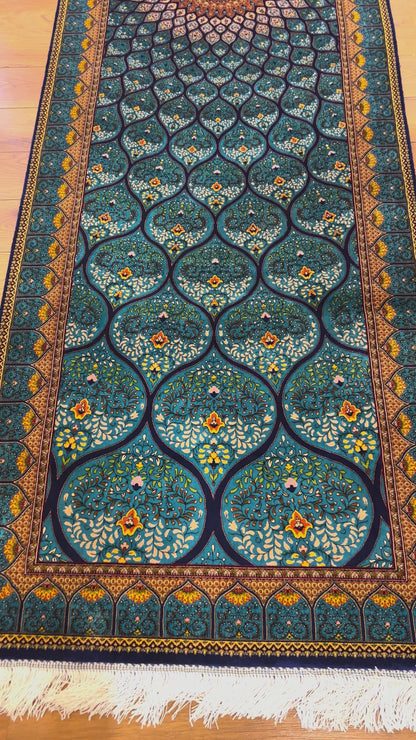 2’6”×10’ Bamboo Silk Runner Rug – Turquoise Geometric Medallion Turkish Design
