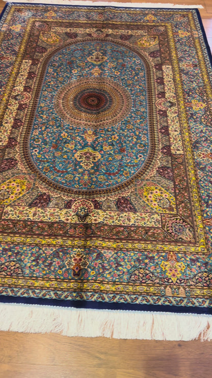 5’ x 8’ Luxury Turquoise Blue Bamboo Silk Rug – Ornate Medallion Floral Design, Fine Woven Statement Area Rug