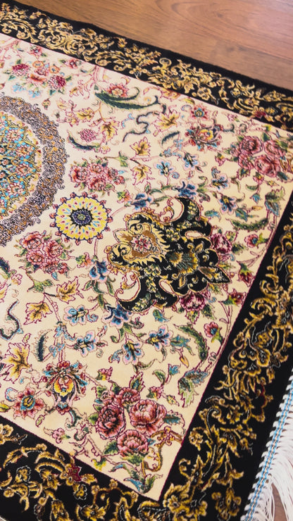 23” × 35” Luxury Turkish Silk Rug – Ivory & Black with Gold Floral Medallion, Hereke-Inspired Small Accent Rug