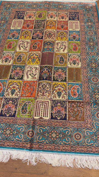 4x6 ft Silk Rug – Turquoise & Multicolor Garden Panel Floral Area Rug, Elegant Traditional Design