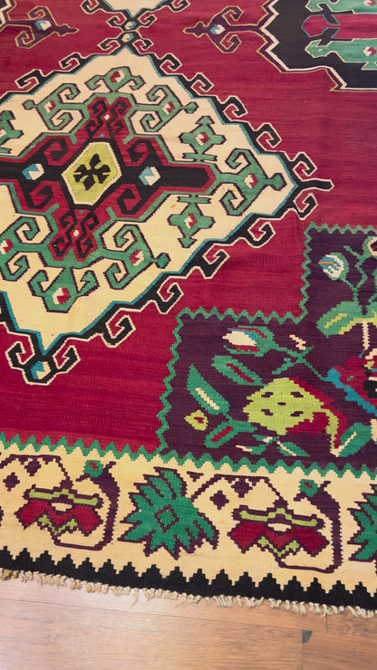 Large Antique Moldovan Handwoven Wool Kilim Rug – 10.9 ft × 7.3 ft | Approximately 80 Years Old | Traditional Geometric & Floral Design
