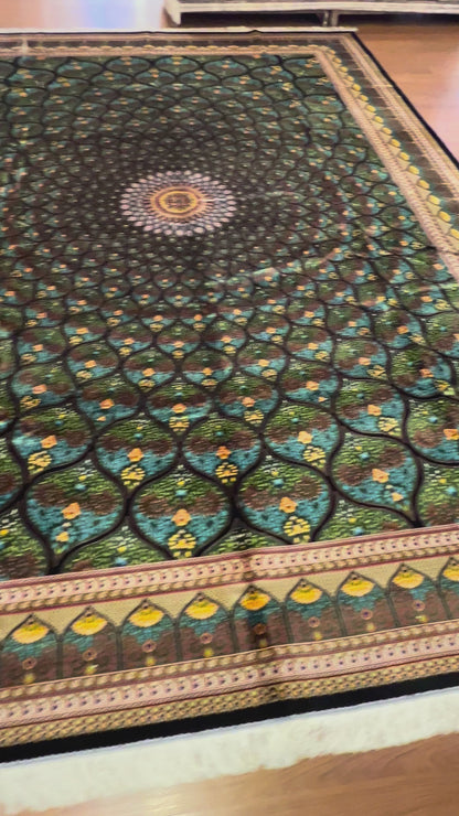 8x12 Silk Rug – Emerald Green & Turquoise Floral Medallion Woven Area Rug
