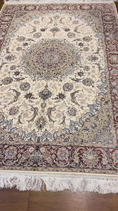 4x6 ft Ivory Silk Rug – Rust Burgundy Border & Taupe Floral Medallion Area Rug, Elegant Classic Design