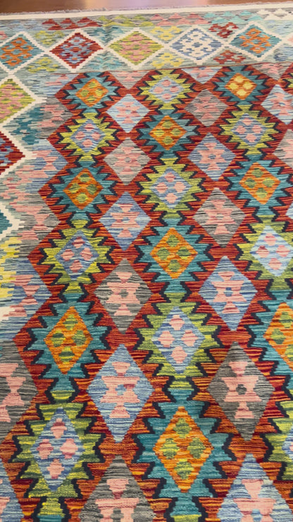 7x9 Fine Quality Handmade Turkish Kilim Rug – Colorful Geometric Handwoven Area Rug