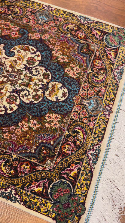 23” × 35” Luxury Turkish Bamboo Silk Rug – Ivory, Copper & Blue Ornate Floral Medallion Accent Rug