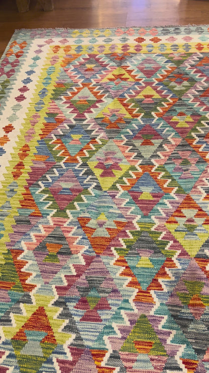 7x10 Fine Quality Turkish Kilim Rug, Colorful Geometric Wool Kilim, Large Flatweave Area Rug, Diamond Tribal Design