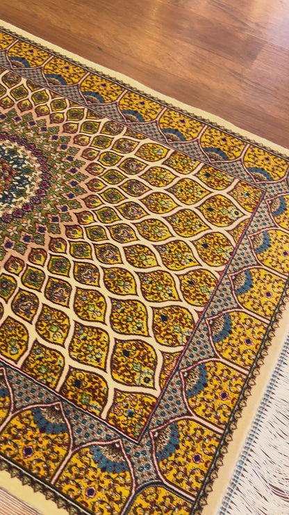 23” × 35” Luxury Turkish Silk Rug – Ivory & Golden Yellow Geometric Floral Medallion, Hereke-Inspired Accent Rug
