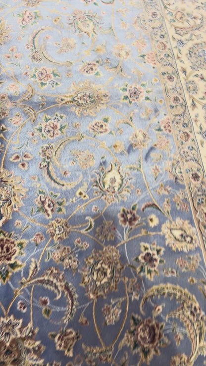 3x5 ft Light Blue Bamboo Silk Rug – Ivory Floral Border, Elegant Classic Design, Luxury Silk Accent Rug for Living Room & Bedroom