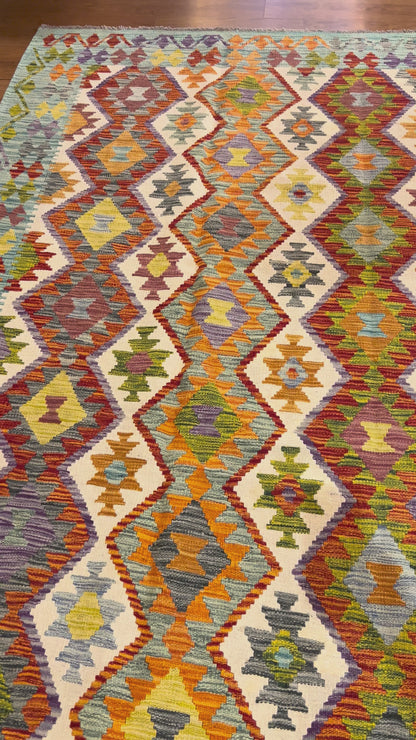 7x10 Handwoven Turkish Kilim Rug – Colorful Geometric Anatolian Design – Fine Quality Wool Area Rug