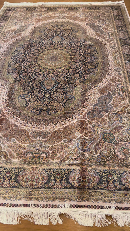 7’ x 10’ Luxury Silk Rug – Navy & Ivory Grand Medallion Design – Ornate Woven Turkish Area Rug