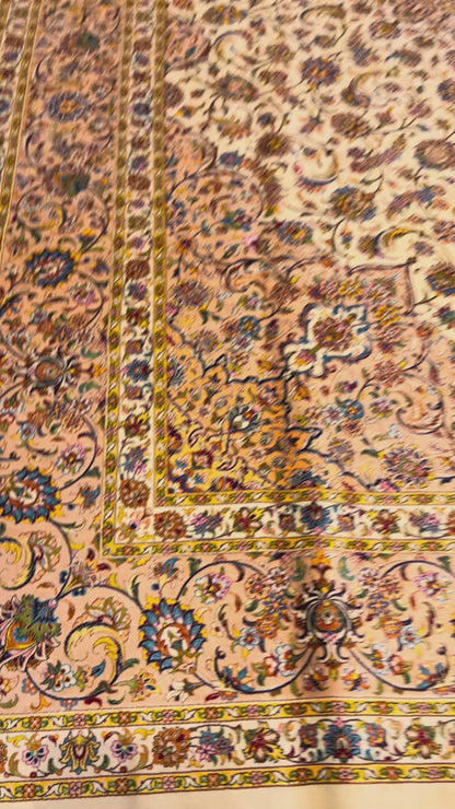 7x10 ft  Silk Rug – Ivory & Peach Floral Medallion Area Rug, Elegant Traditional Design