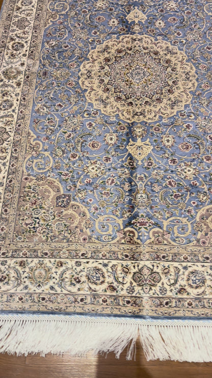 3x5 ft Light Blue & Beige Bamboo Silk Rug – Ornate Floral Medallion Design, Elegant Classic Silk Area Rug