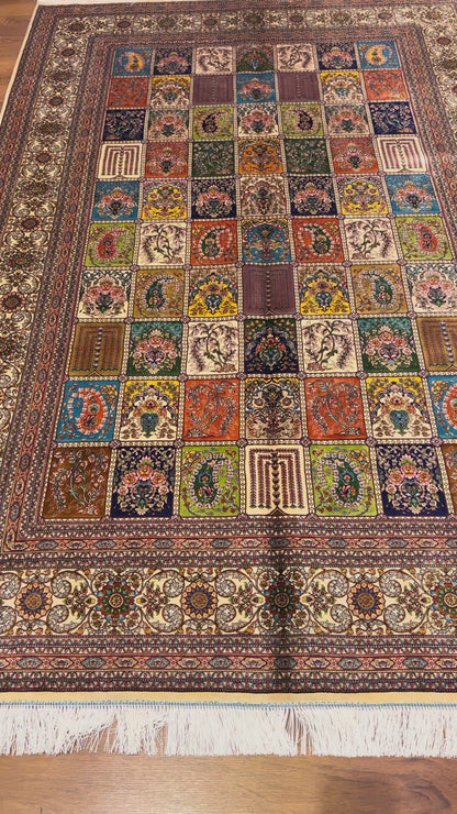 5x8 Bamboo Silk Rug – Multicolor Garden Panel Design – Woven Turkish Area Rug