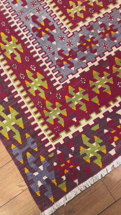Large Antique Handwoven Wool Kilim Rug – 10.8 ft × 5.5 ft | Approximately 80–90 Years Old | Traditional Geometric Tribal Design
