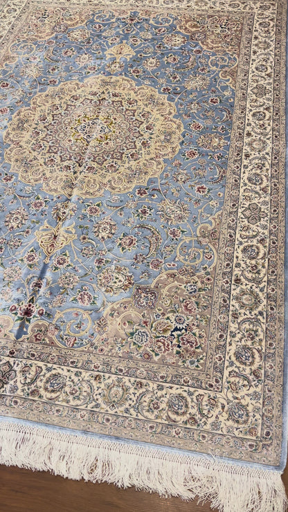 4x6 ft Silk Rug – Soft Blue & Ivory Floral Medallion Area Rug, Elegant Classic Design