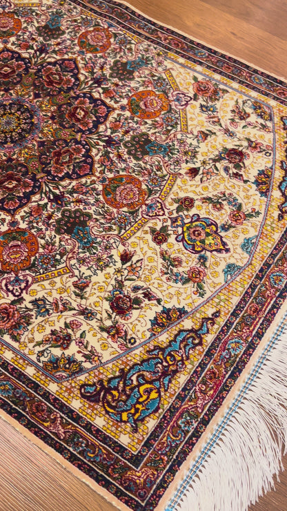 23” × 35” Luxury Turkish Bamboo Silk Rug – Ivory & Navy Blue Floral Medallion, Elegant Small Accent Rug
