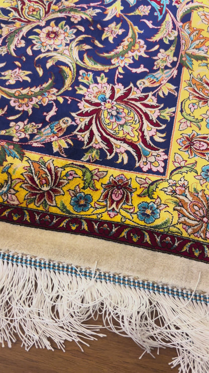Large Bamboo Silk Area Rug 11.3x7.9 Ft, Luxury Hereke Style Rug, Floral Living Room Carpet, Ivory Navy Blue Designer Rug