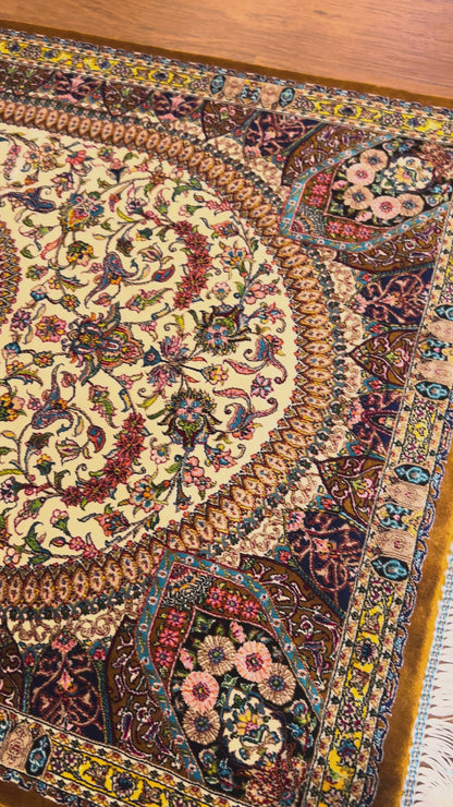 23” × 35” Luxury Turkish Silk Rug – Ivory & Golden Brown Floral Medallion, Hereke-Inspired Oriental Accent Rug
