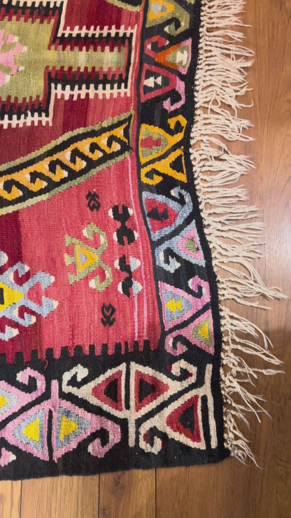 Large Antique Handwoven Wool Kilim Runner – 13.1 ft × 4.8 ft | Approximately 80 Years Old | Traditional Geometric Tribal Design