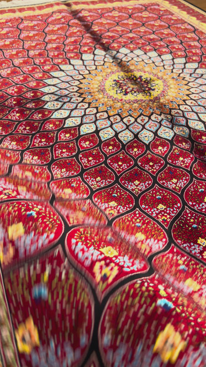 3x5 ft Silk Rug – Rich Red Geometric Medallion Design, Statement Luxury Area Rug