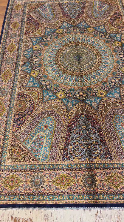 5×8 Bamboo Silk Rug – Turquoise Blue Architectural Medallion Design – Woven in Turkey