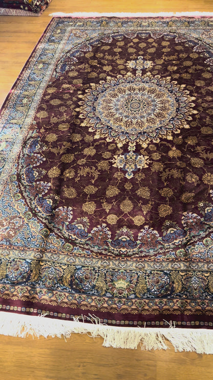 7x10 Luxury Silk Rug – Elegant Burgundy Floral Medallion with Navy Blue & Ivory Details – Woven Turkish Area Rug