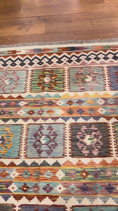 6x8 Fine Quality Turkish Kilim Rug – Handwoven Multicolor Panel Design Anatolian Rug