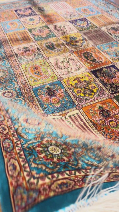 3x5 ft Multicolor Bamboo Silk Rug – Garden Panel Floral Design, Teal Blue Border, Luxury Silk Accent Rug for Living Room & Bedroom
