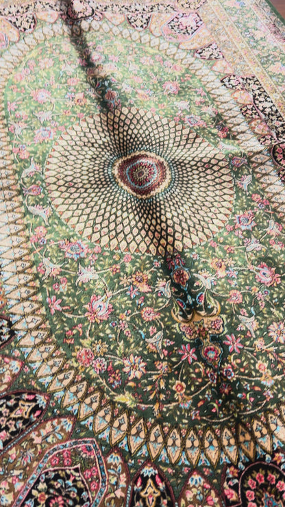 3x5 ft Silk Rug – Deep Green Floral Medallion Design, Ornate Luxury Area Rug