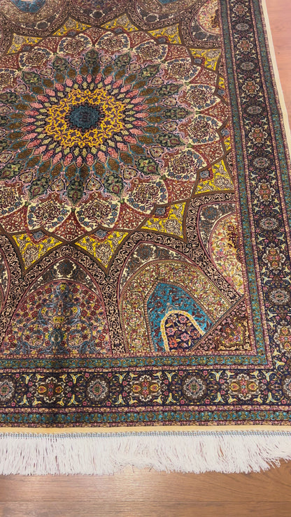 4x6 ft Silk Rug – Navy, Turquoise & Gold Ornate Medallion Area Rug, Luxury Statement Design