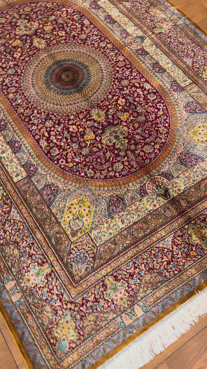 5x8 Rich Red Silk Rug – Grand Floral Medallion Design with Gold & Ivory Details