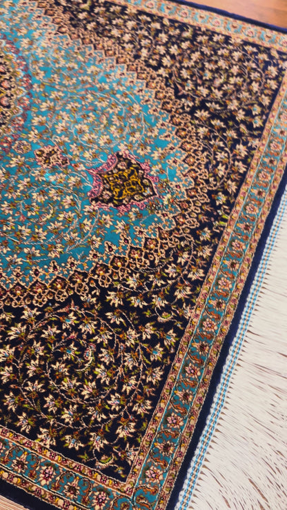 23” × 35” Luxury Turkish Bamboo Silk Rug – Midnight Navy & Turquoise Blue Intricate Floral Medallion Accent Rug