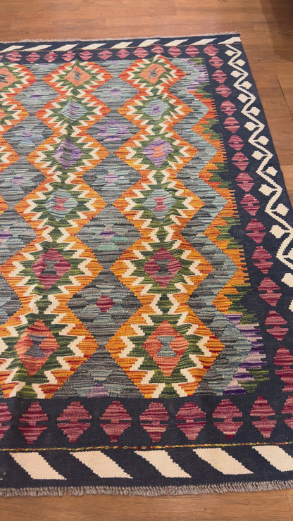 5x7 Fine Quality Handwoven Turkish Kilim Rug – Black Orange Gray Geometric Anatolian Rug