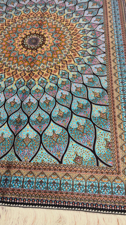 4x6 ft Silk Rug – Ivory & Soft Blue Geometric Medallion Area Rug, Elegant Floral Design