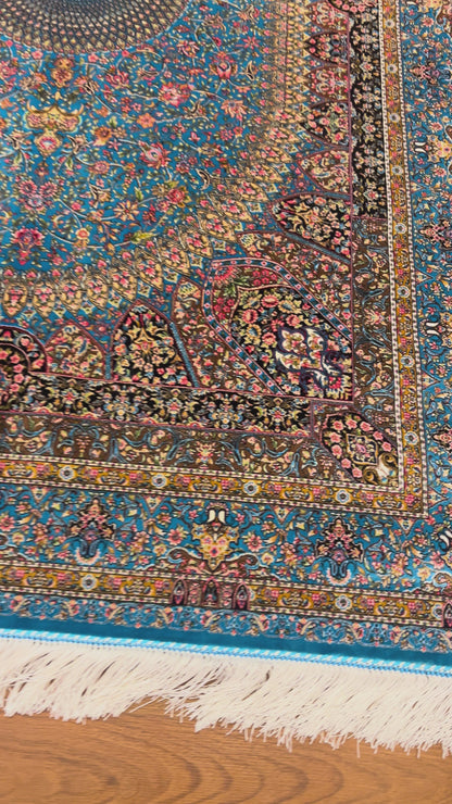 4x6 ft Silk Rug – Turquoise Blue Floral Medallion Area Rug, Elegant Luxury Home Decor