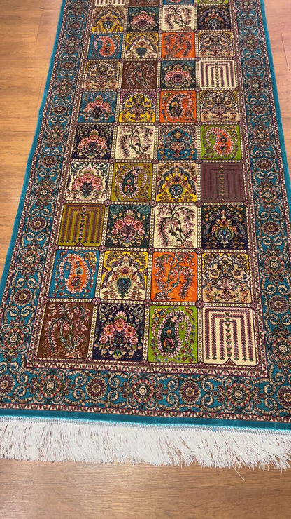 2’7” × 10’ Silk Rug Runner Rug – Turquoise Multicolor Patchwork Woven Turkish Rug