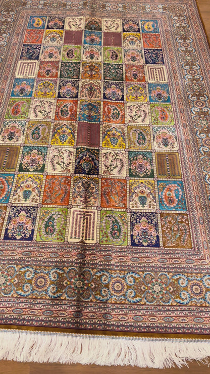 5x8 Luxury Bamboo Silk Rug – Rich Multicolor Garden Panel Design – Ornate Turkish Statement Area Rug