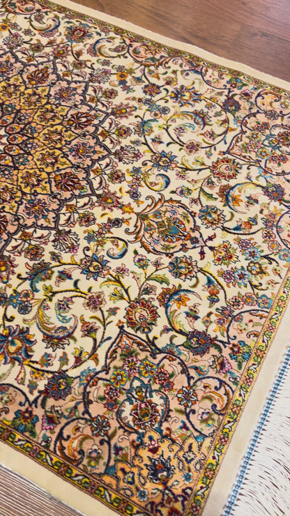 23” × 35” Luxury Turkish Bamboo Silk Rug – Elegant Ivory & Beige Floral Medallion Accent Rug