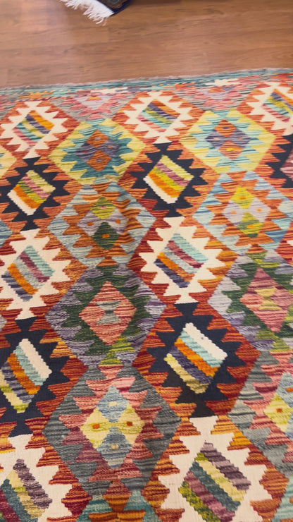7x9 Handwoven Turkish Kilim Rug – Colorful Geometric Anatolian Design – Fine Quality Wool Area Rug