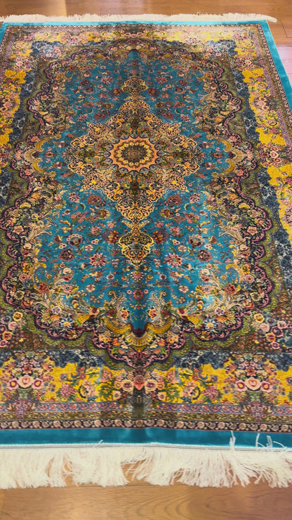 5’ x 8’ Luxury Turquoise Blue Bamboo Silk Rug – Grand Floral Medallion Design, Gold Accents, Fine Woven Statement Rug