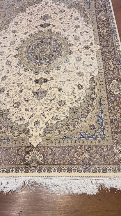 4x6 ft Ivory Silk Rug – Beige, Taupe & Soft Blue Floral Medallion Area Rug, Elegant Neutral Design