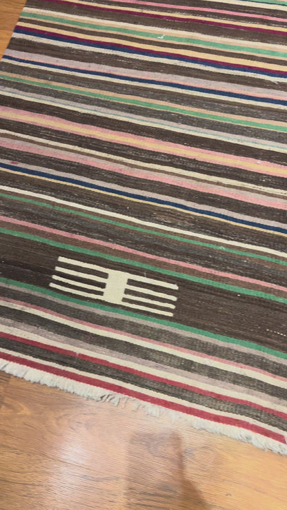 Handwoven Turkish Wool Kilim Rug – 9.3 ft × 5.8 ft | Traditional Striped Tribal Design | Handmade Flat Weave