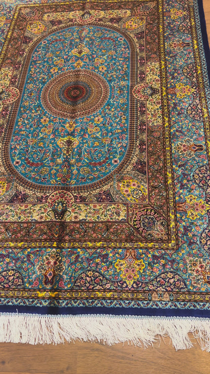 4x6 ft Soft Blue Silk Rug – Navy & Ivory Floral Medallion Area Rug, Elegant Classic Design