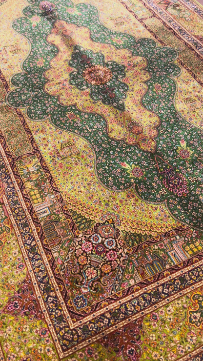 3x5 ft Green Bamboo Silk Rug – Ornate Floral Medallion Design, Black & Burgundy Details, Luxury Silk Accent Rug