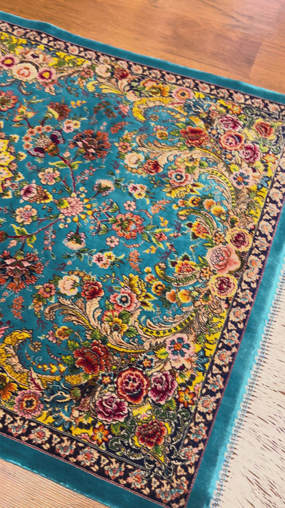 23” × 35” Luxury Turkish Bamboo Silk Rug – Turquoise Blue Floral Medallion, Elegant Small Accent Rug